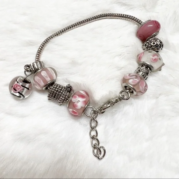 Silver & Pink Glass Bead Charm Bracelet 7-8” - Picture 5 of 10